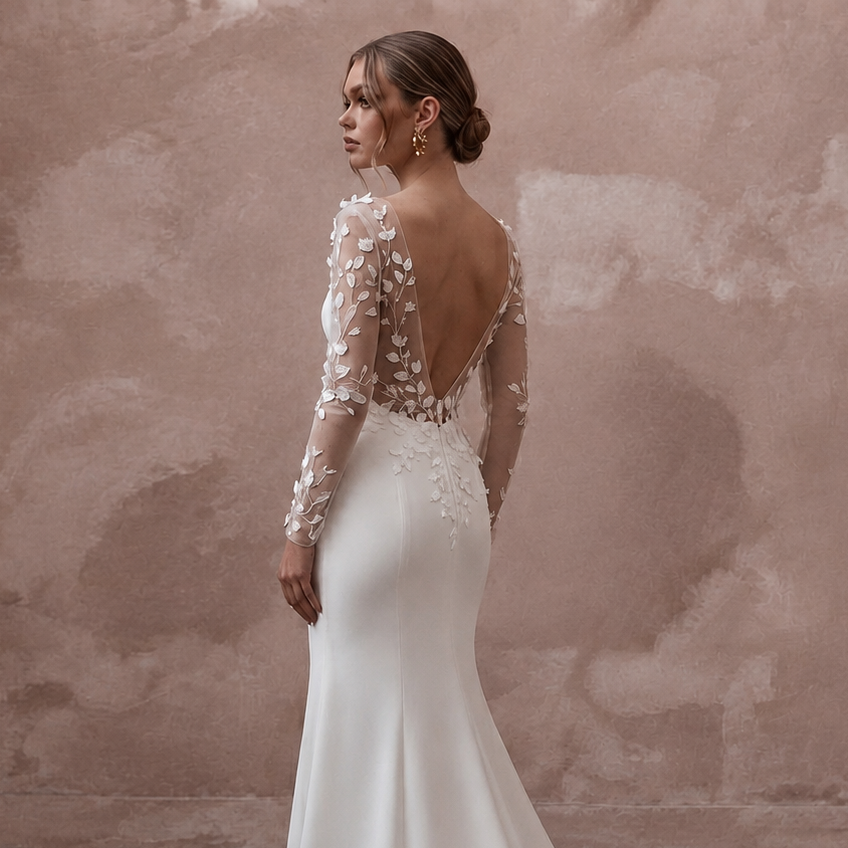 Elegant Crepe Trumpet Wedding Dress with Long Sleeves - Apparel & Accessories > Clothing > Wedding & Bridal Party Dresses > Wedding Dresses - Mignonette Bridal