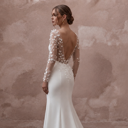 Elegant Crepe Trumpet Wedding Dress with Long Sleeves - Apparel & Accessories > Clothing > Wedding & Bridal Party Dresses > Wedding Dresses - Mignonette Bridal
