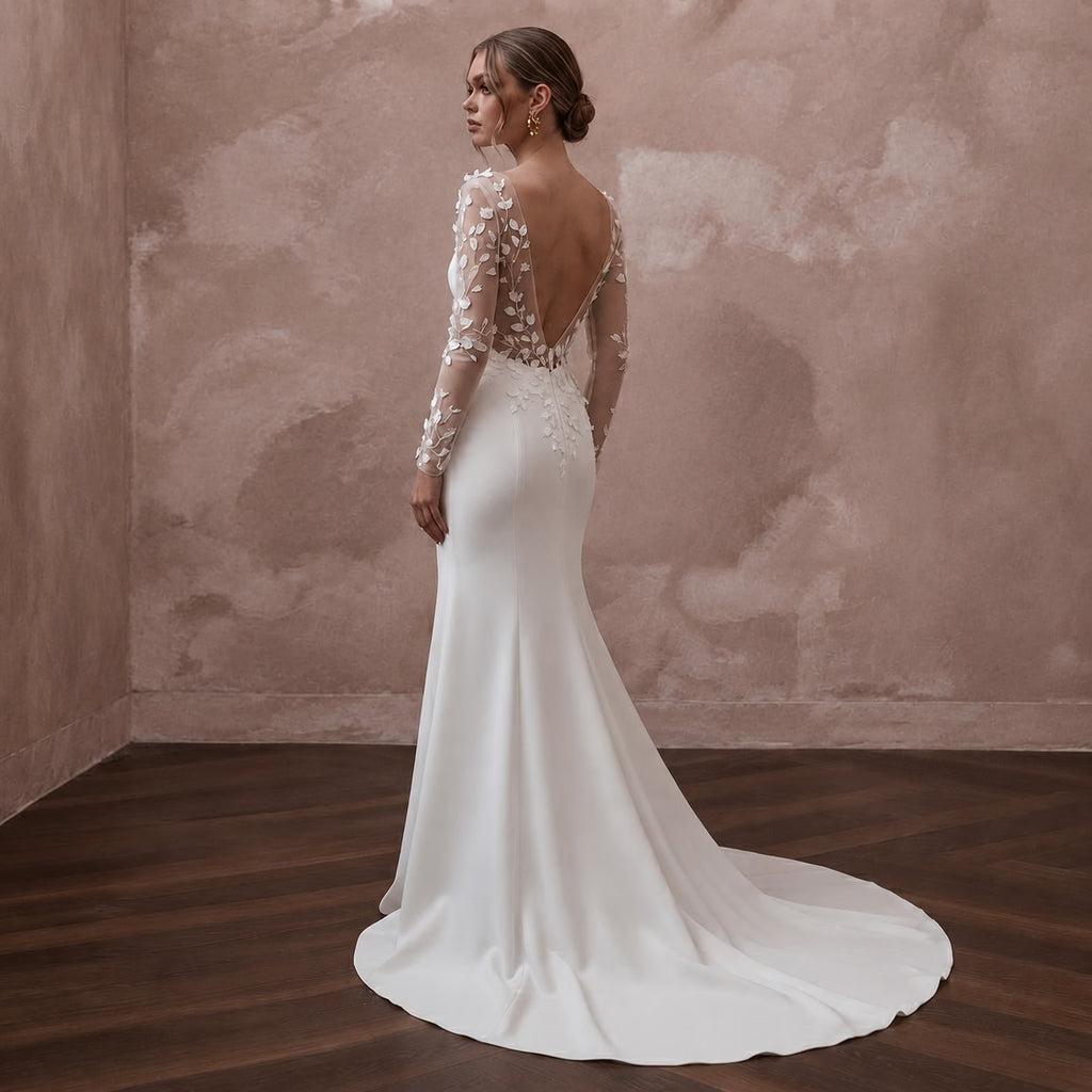 Elegant Crepe Trumpet Wedding Dress with Long Sleeves - Apparel & Accessories > Clothing > Wedding & Bridal Party Dresses > Wedding Dresses - Mignonette Bridal
