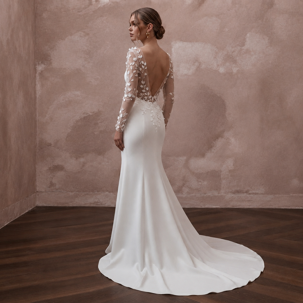 Elegant Crepe Trumpet Wedding Dress with Long Sleeves - Apparel & Accessories > Clothing > Wedding & Bridal Party Dresses > Wedding Dresses - Mignonette Bridal
