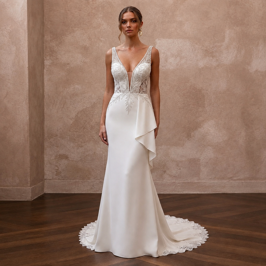 Elegant Crepe Trumpet Wedding Dress with V - Neck - Apparel & Accessories > Clothing > Wedding & Bridal Party Dresses > Wedding Dresses - Mignonette Bridal