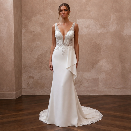 Elegant Crepe Trumpet Wedding Dress with V - Neck - Apparel & Accessories > Clothing > Wedding & Bridal Party Dresses > Wedding Dresses - Mignonette Bridal