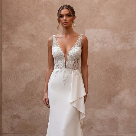 Elegant Crepe Trumpet Wedding Dress with V - Neck - Apparel & Accessories > Clothing > Wedding & Bridal Party Dresses > Wedding Dresses - Mignonette Bridal