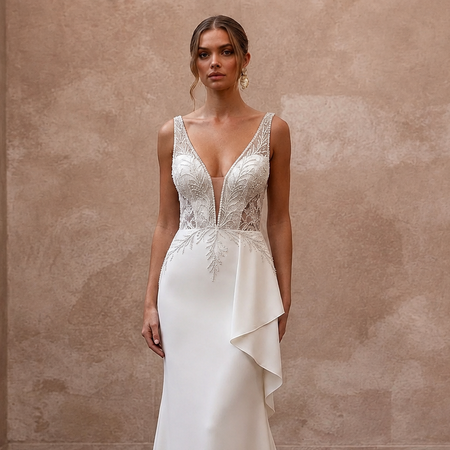 Elegant Crepe Trumpet Wedding Dress with V - Neck - Apparel & Accessories > Clothing > Wedding & Bridal Party Dresses > Wedding Dresses - Mignonette Bridal