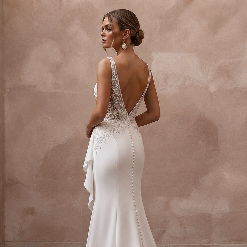 Elegant Crepe Trumpet Wedding Dress with V - Neck - Apparel & Accessories > Clothing > Wedding & Bridal Party Dresses > Wedding Dresses - Mignonette Bridal