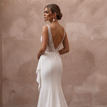 Elegant Crepe Trumpet Wedding Dress with V - Neck - Apparel & Accessories > Clothing > Wedding & Bridal Party Dresses > Wedding Dresses - Mignonette Bridal