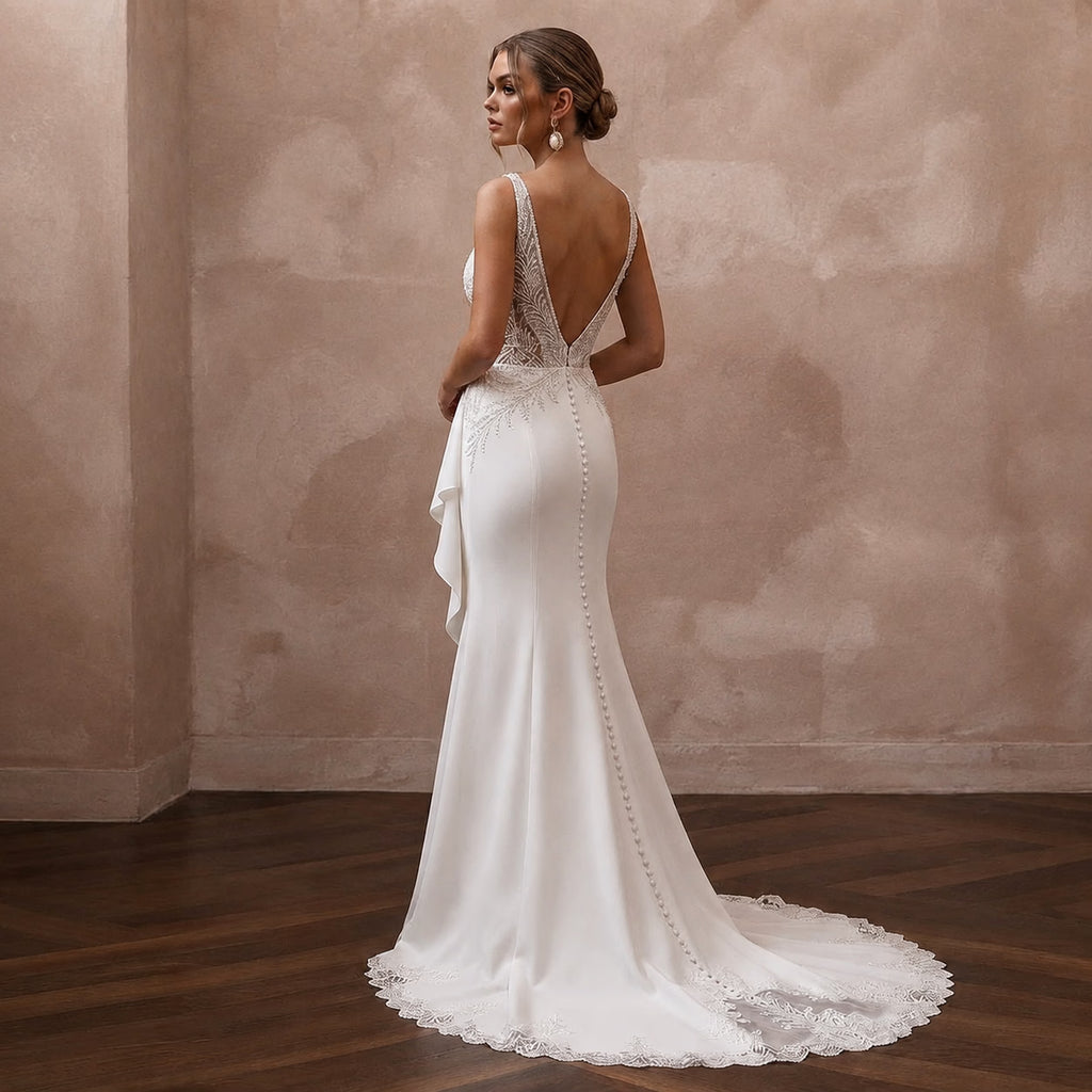 Elegant Crepe Trumpet Wedding Dress with V - Neck - Apparel & Accessories > Clothing > Wedding & Bridal Party Dresses > Wedding Dresses - Mignonette Bridal