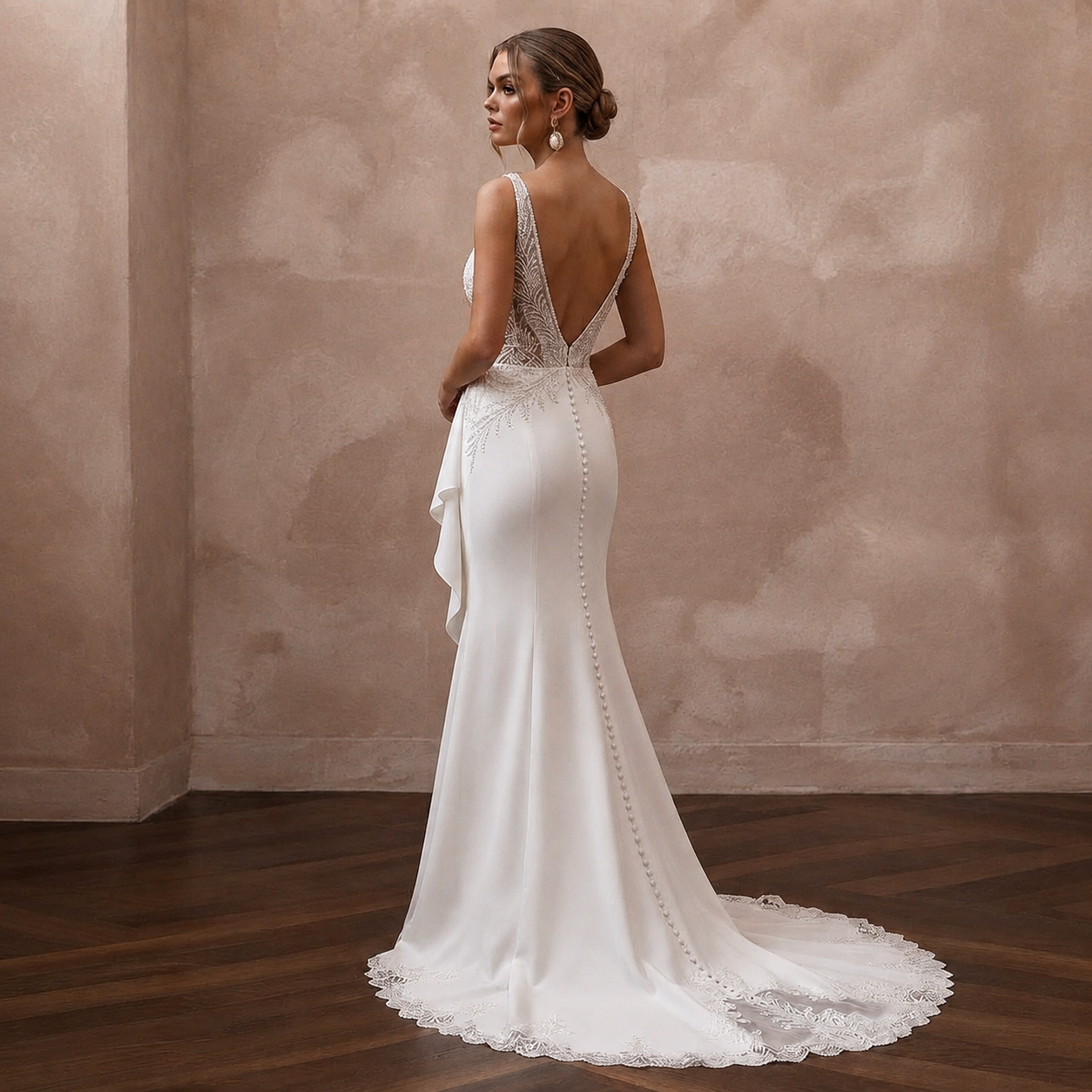 Elegant Crepe Trumpet Wedding Dress with V - Neck - Apparel & Accessories > Clothing > Wedding & Bridal Party Dresses > Wedding Dresses - Mignonette Bridal