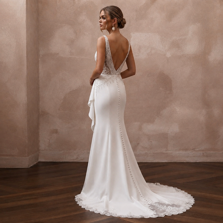 Elegant Crepe Trumpet Wedding Dress with V - Neck - Apparel & Accessories > Clothing > Wedding & Bridal Party Dresses > Wedding Dresses - Mignonette Bridal