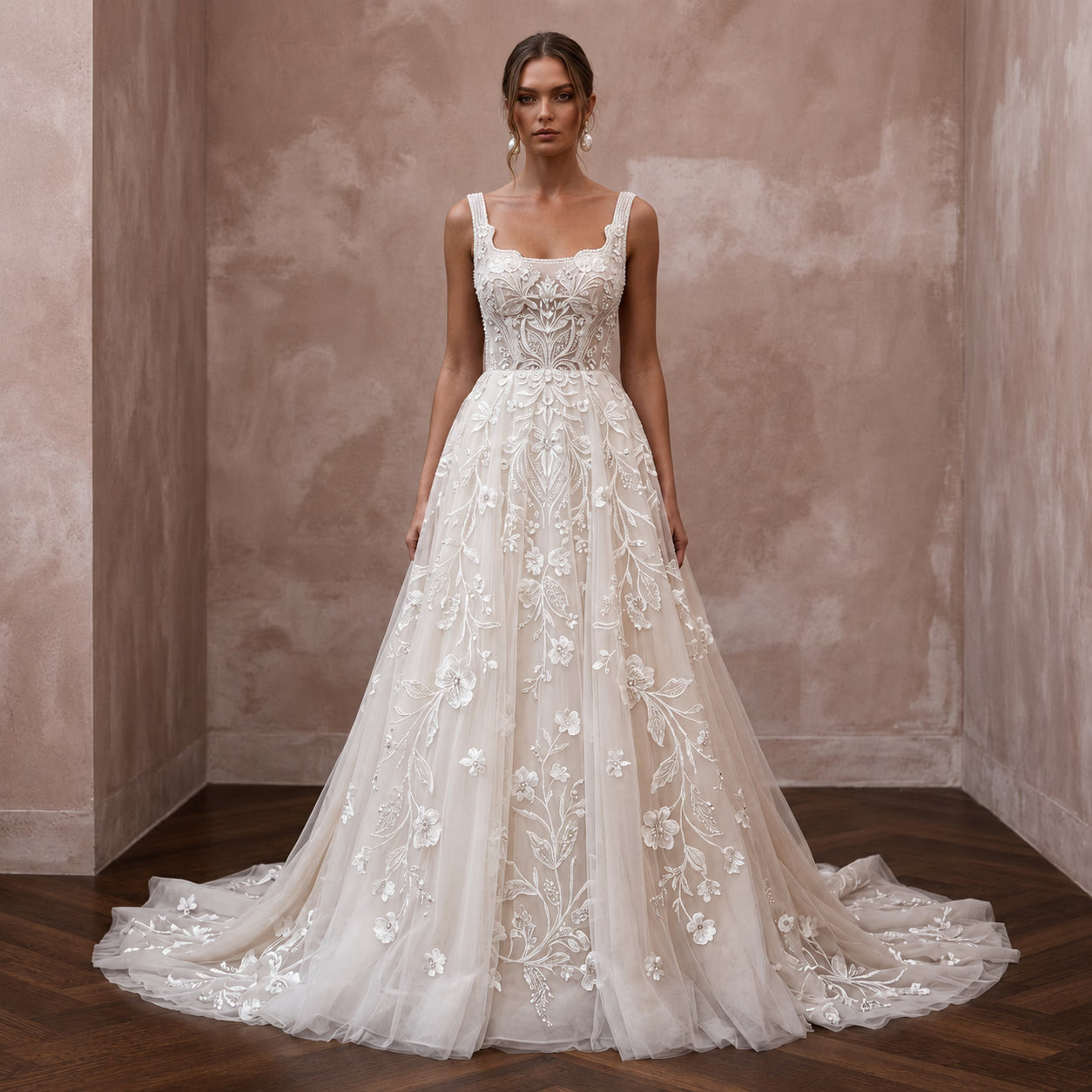 Elegant Embroidered Tulle Wedding Dress with A-Line Silhouette Main image