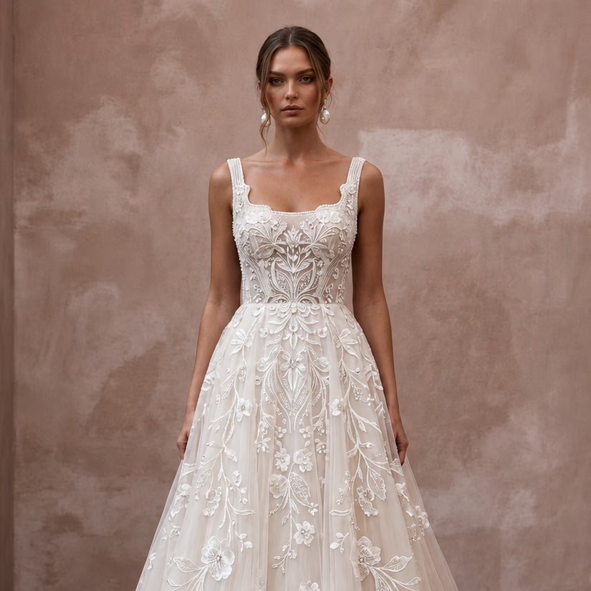 Elegant Embroidered Tulle Wedding Dress with A-Line Silhouette