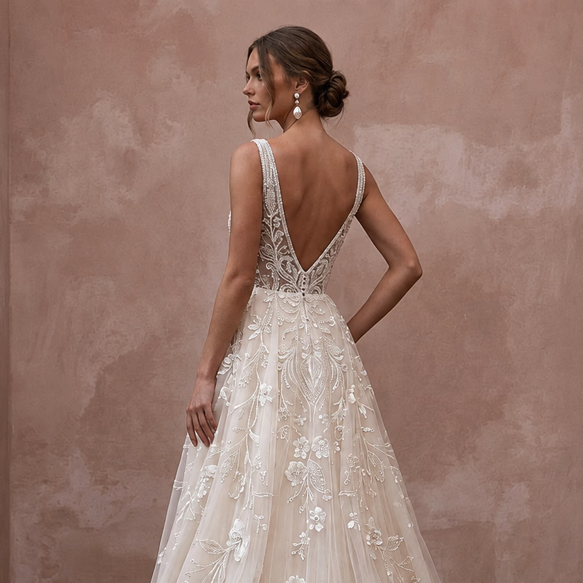 Elegant Embroidered Tulle Wedding Dress with A-Line Silhouette