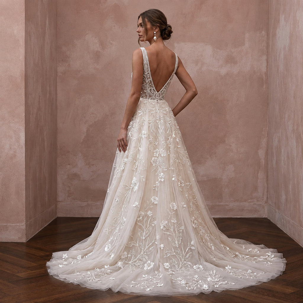 Elegant Embroidered Tulle Wedding Dress with A-Line Silhouette