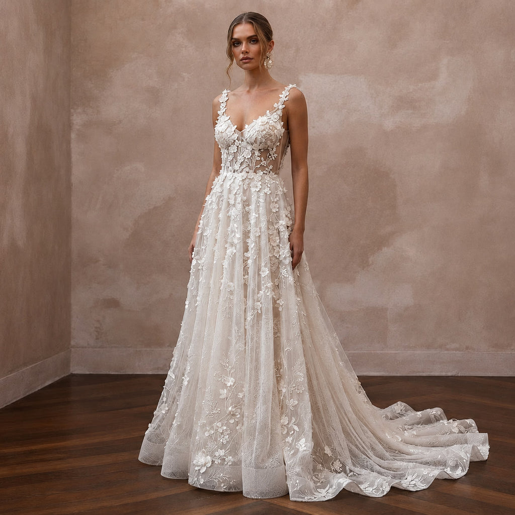 Elegant Floral Wedding Dress for a Winery Garden Ceremony