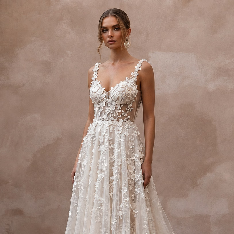 Elegant Floral Wedding Dress for a Winery Garden Ceremony