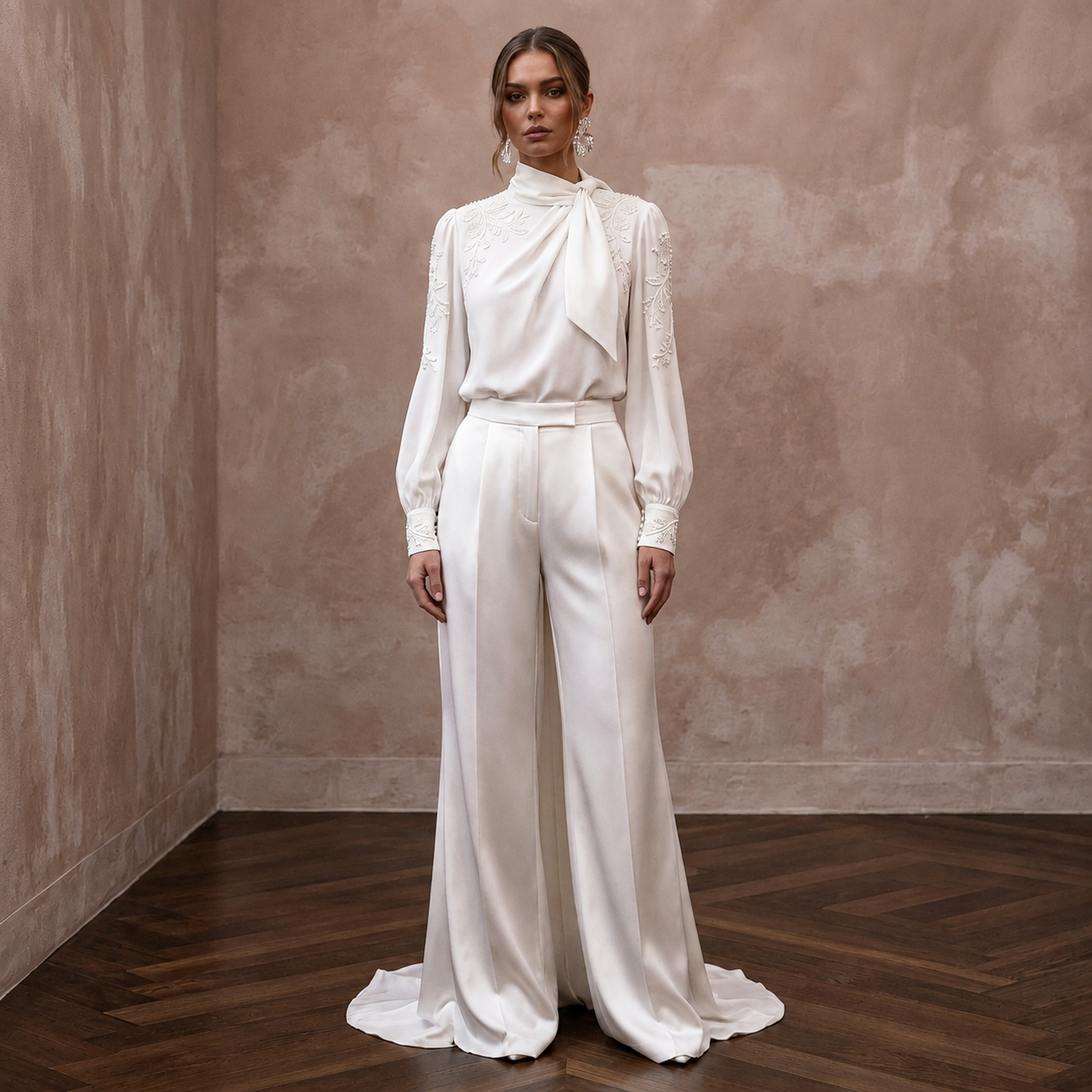 Elegant Ivory Crepe de Chine Blouse & Satin Trouser Set Main image
