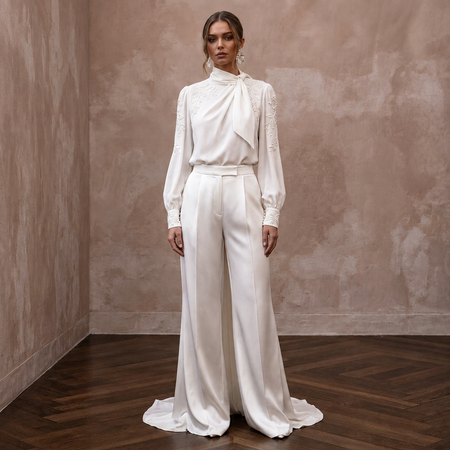 Elegant Ivory Crepe de Chine Blouse & Satin Trouser Set