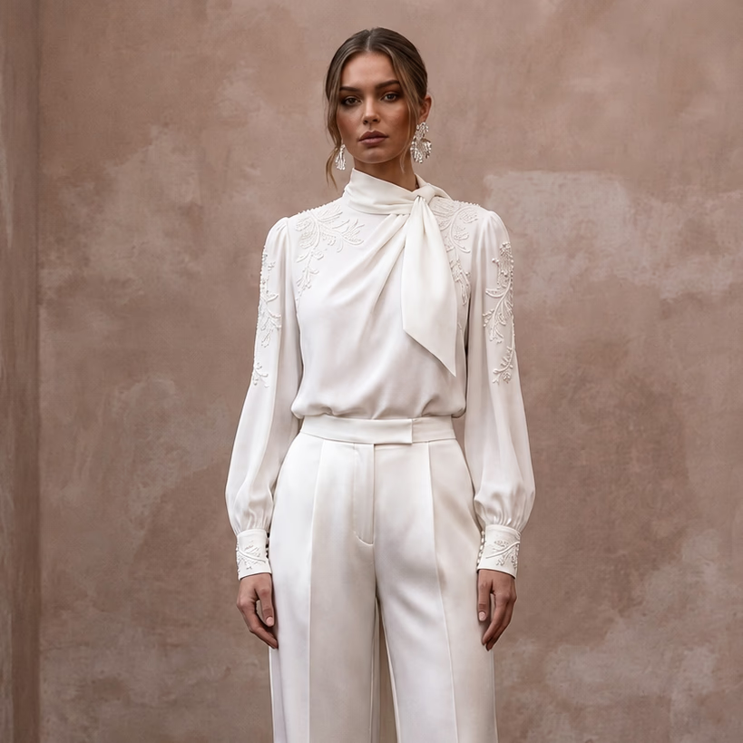 Elegant Ivory Crepe de Chine Blouse & Satin Trouser Set - Apparel & Accessories > Clothing > Wedding & Bridal Party Dresses > Wedding Dresses - Mignonette Bridal