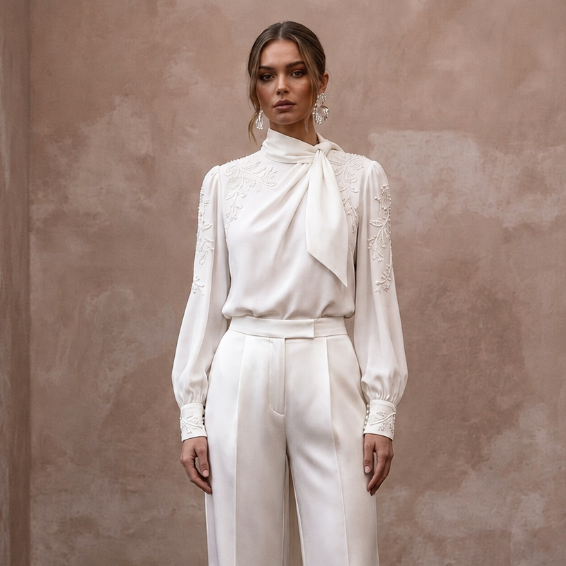 Elegant Ivory Crepe de Chine Blouse & Satin Trouser Set