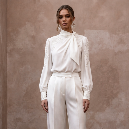 Elegant Ivory Crepe de Chine Blouse & Satin Trouser Set