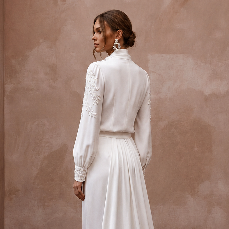 Elegant Ivory Crepe de Chine Blouse & Satin Trouser Set