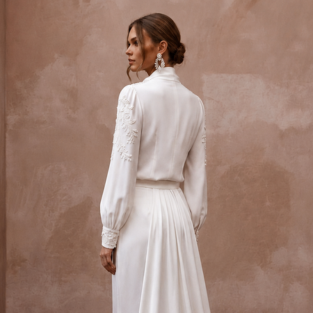 Elegant Ivory Crepe de Chine Blouse & Satin Trouser Set