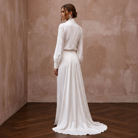 Elegant Ivory Crepe de Chine Blouse & Satin Trouser Set - Apparel & Accessories > Clothing > Wedding & Bridal Party Dresses > Wedding Dresses - Mignonette Bridal