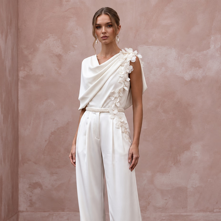 Elegant Ivory Crepe de Chine Bridal Blouse & Satin Trouser Set