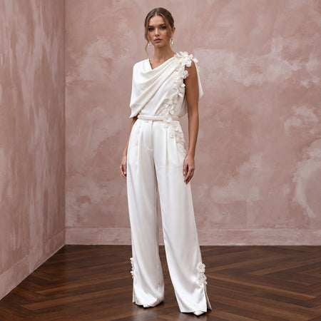 Elegant Ivory Crepe de Chine Bridal Blouse & Satin Trouser Set