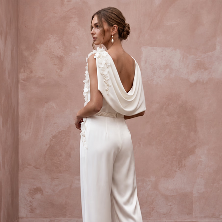 Elegant Ivory Crepe de Chine Bridal Blouse & Satin Trouser Set
