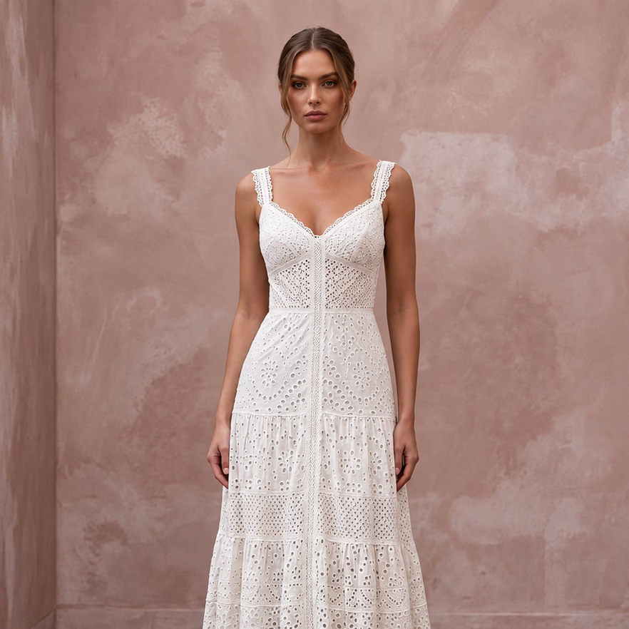 Elegant Ivory Eyelet Cotton Maxi Wedding Dress for Destination Rehearsal