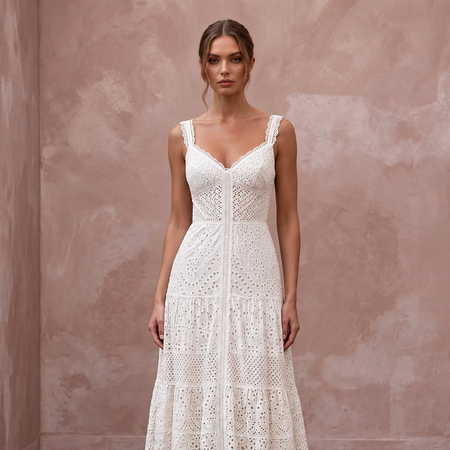Elegant Ivory Eyelet Cotton Maxi Wedding Dress for Destination Rehearsal