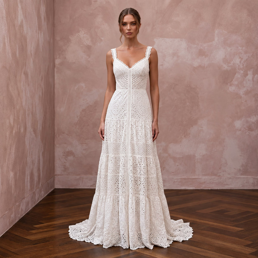 Elegant Ivory Eyelet Cotton Maxi Wedding Dress for Destination Rehearsal