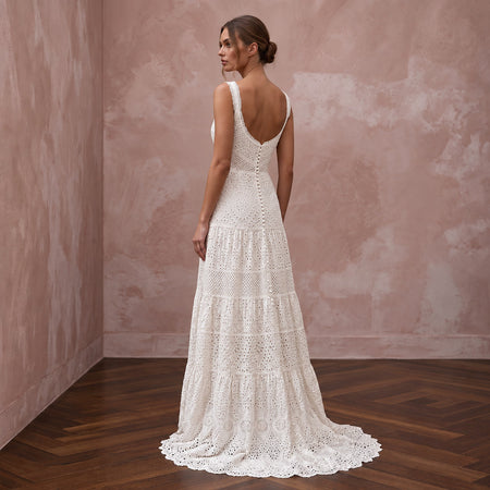 Elegant Ivory Eyelet Cotton Maxi Wedding Dress for Destination Rehearsal
