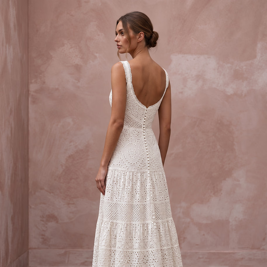 Elegant Ivory Eyelet Cotton Maxi Wedding Dress for Destination Rehearsal