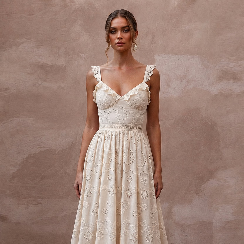 Elegant Ivory Eyelet Cotton Maxi for Destination Rehearsal - Apparel & Accessories > Clothing > Wedding & Bridal Party Dresses > Wedding Dresses - Mignonette Bridal