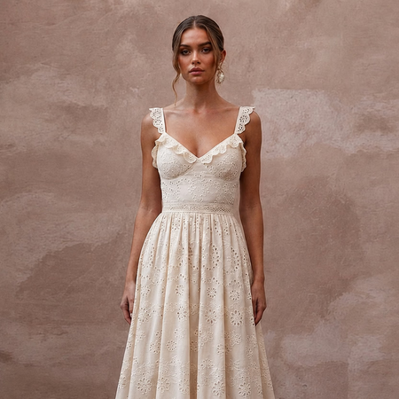Elegant Ivory Eyelet Cotton Maxi for Destination Rehearsal - Apparel & Accessories > Clothing > Wedding & Bridal Party Dresses > Wedding Dresses - Mignonette Bridal