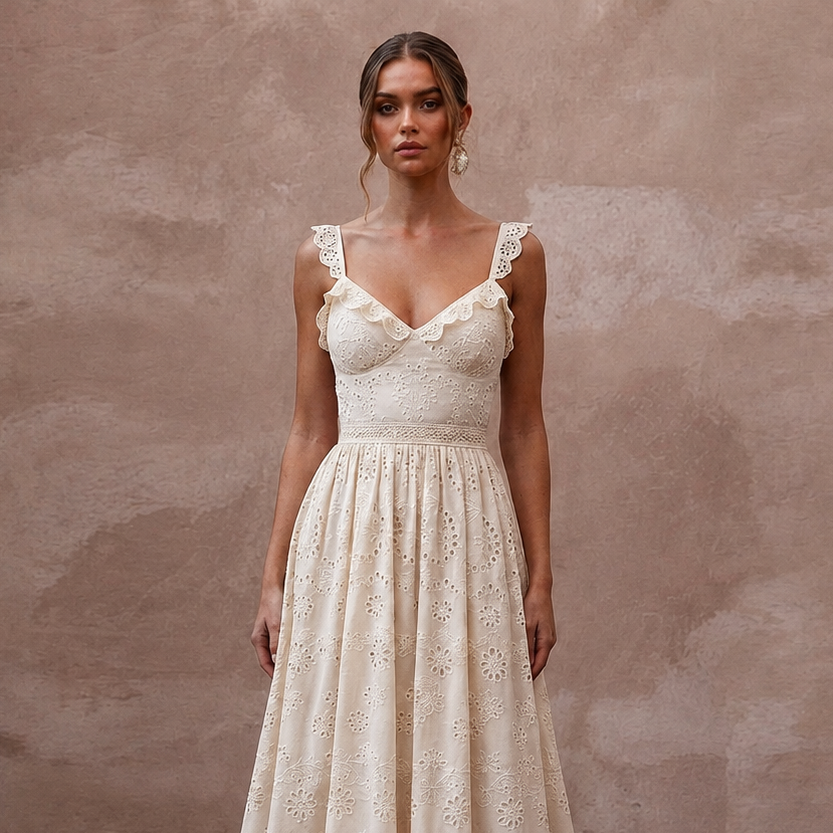 Elegant Ivory Eyelet Cotton Maxi for Destination Rehearsal