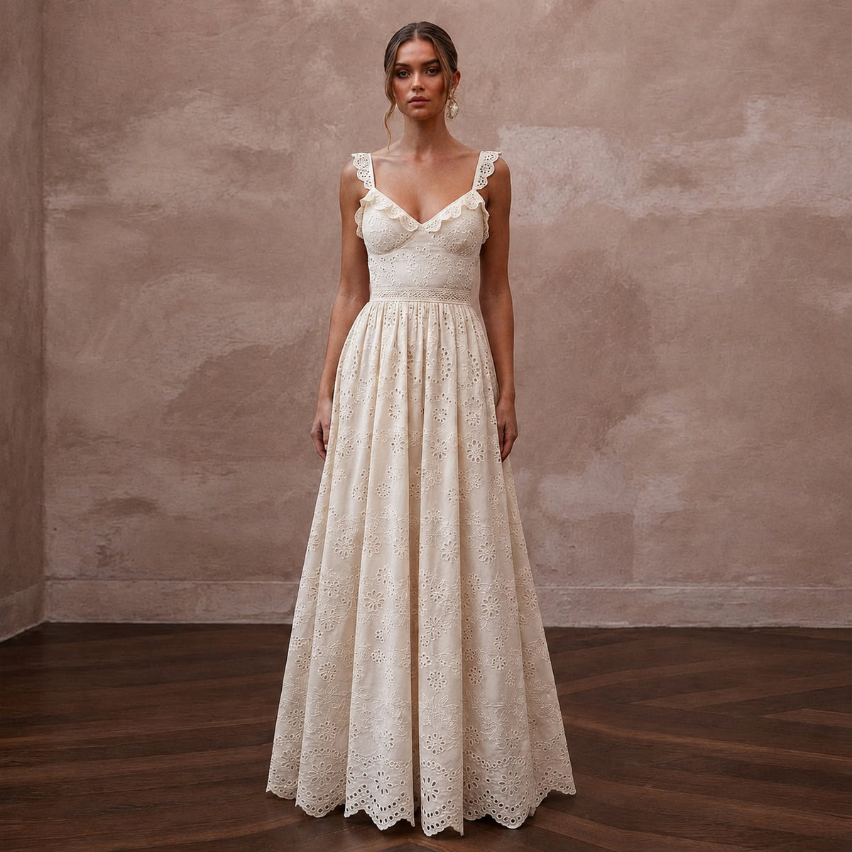 Elegant Ivory Eyelet Cotton Maxi for Destination Rehearsal - Apparel & Accessories > Clothing > Wedding & Bridal Party Dresses > Wedding Dresses - Mignonette Bridal Main image