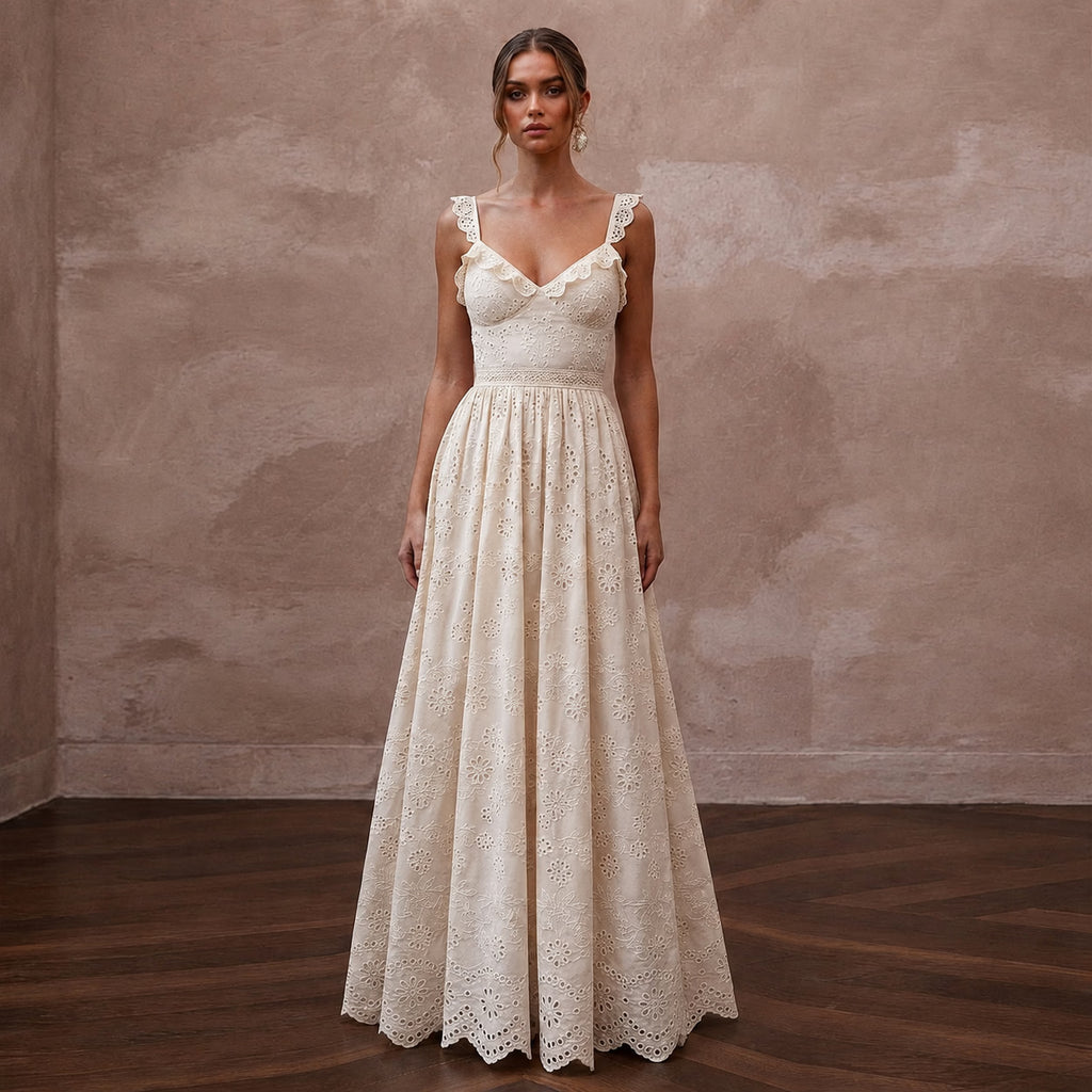 Elegant Ivory Eyelet Cotton Maxi for Destination Rehearsal - Apparel & Accessories > Clothing > Wedding & Bridal Party Dresses > Wedding Dresses - Mignonette Bridal