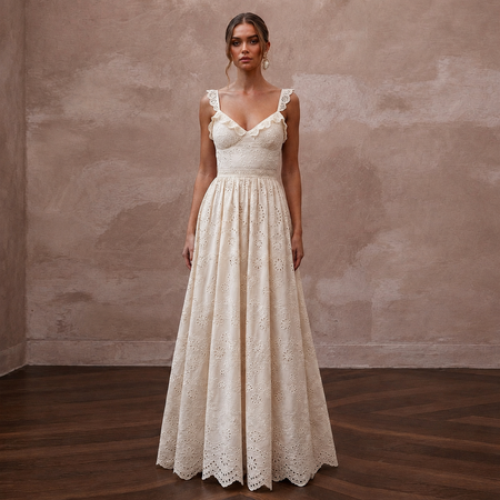 Elegant Ivory Eyelet Cotton Maxi for Destination Rehearsal