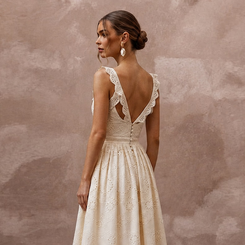 Elegant Ivory Eyelet Cotton Maxi for Destination Rehearsal - Apparel & Accessories > Clothing > Wedding & Bridal Party Dresses > Wedding Dresses - Mignonette Bridal