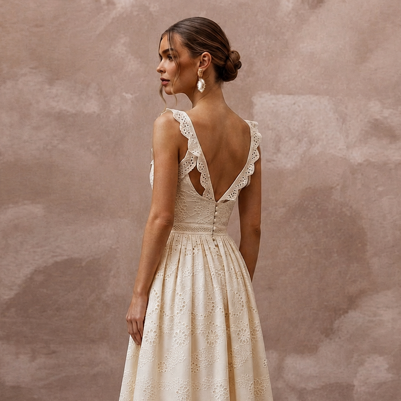 Elegant Ivory Eyelet Cotton Maxi for Destination Rehearsal