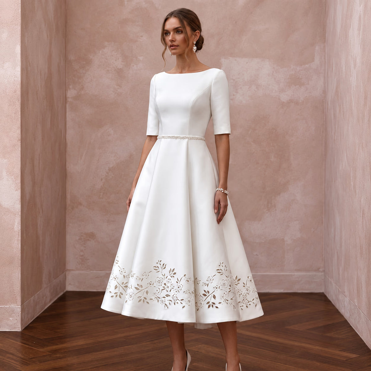 Elegant Ivory Mikado A-Line Short Bridal Gown for Post-Wedding Brunch