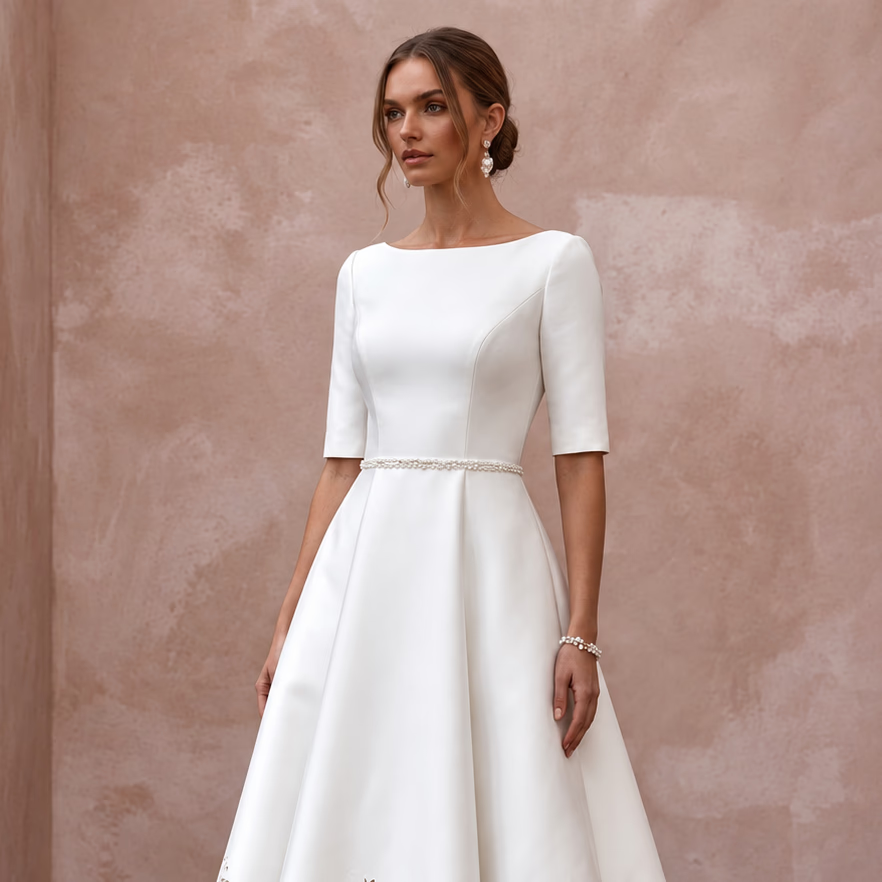 Elegant Ivory Mikado A-Line Short Bridal Gown for Post-Wedding Brunch