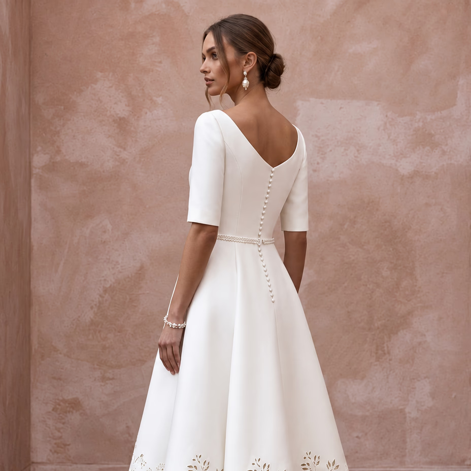 Elegant Ivory Mikado A-Line Short Bridal Gown for Post-Wedding Brunch