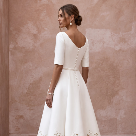 Elegant Ivory Mikado A-Line Short Bridal Gown for Post-Wedding Brunch