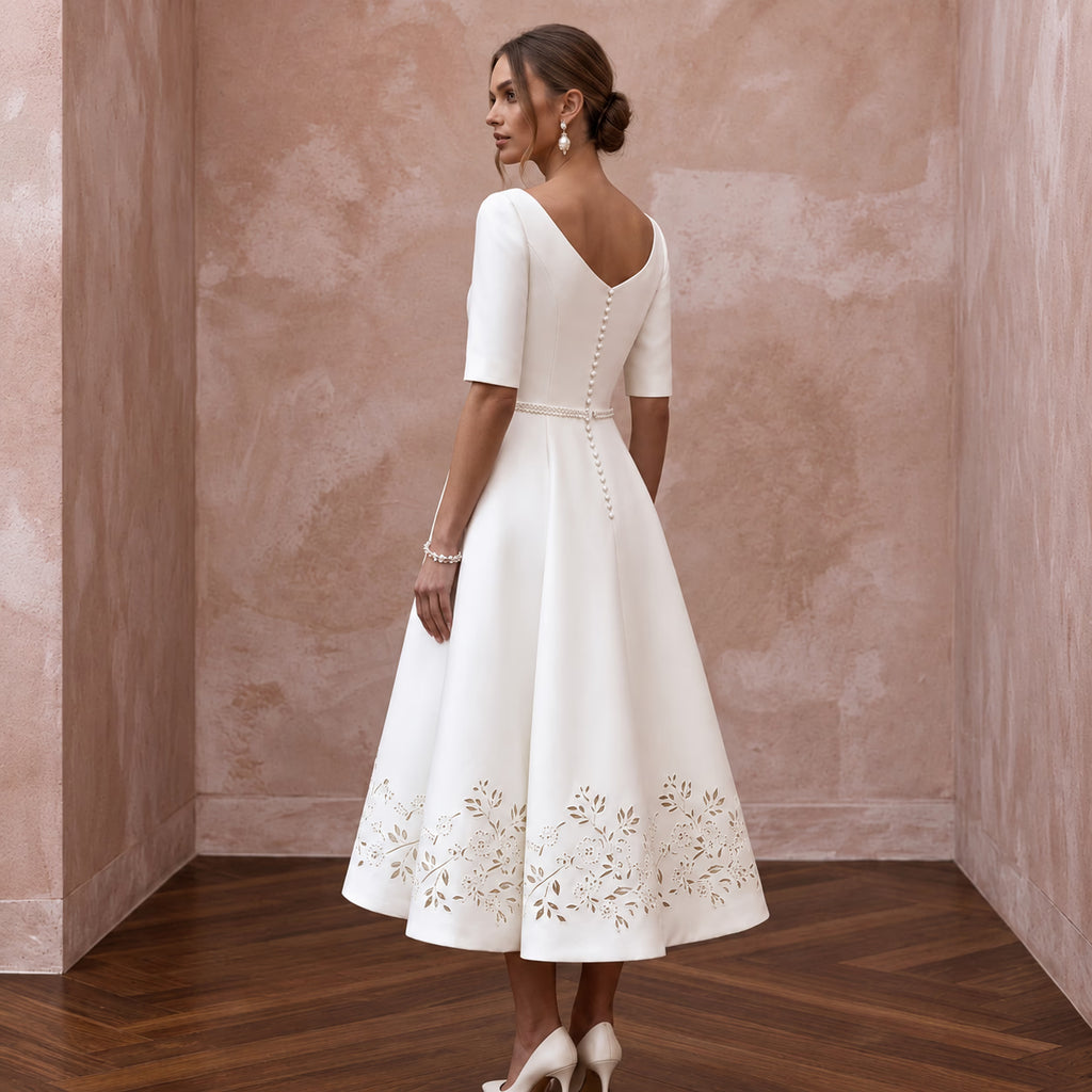 Elegant Ivory Mikado A-Line Short Bridal Gown for Post-Wedding Brunch
