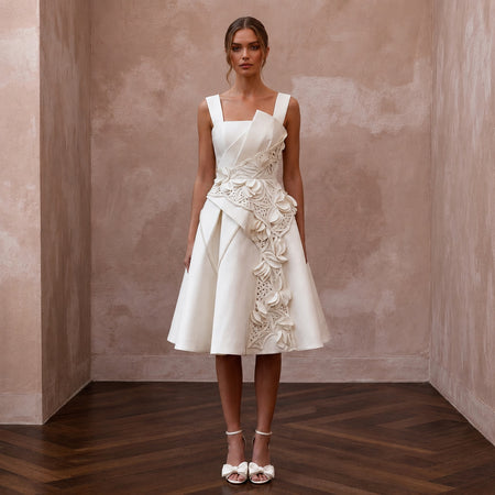 Elegant Ivory Mikado A - Line Short Dress for Post - Wedding Brunch - Apparel & Accessories > Clothing > Wedding & Bridal Party Dresses > Wedding Dresses - Mignonette Bridal