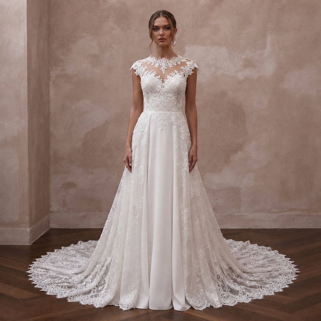 Elegant Lace A - Line Wedding Dress with Detachable Train - Apparel & Accessories > Clothing > Wedding & Bridal Party Dresses > Wedding Dresses - Mignonette Bridal